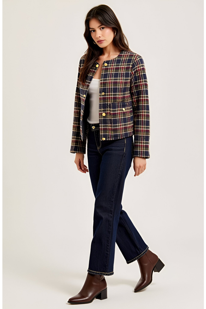 Plaid Cropped Gold Button Closure Patch Pocket Jacket, Alternate, color, Navy Plaid