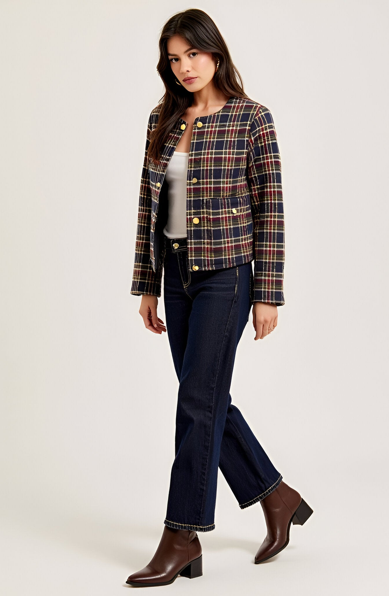Modenaire Plaid Cropped Gold Button Closure Patch Pocket Jacket, Alternate, color, Navy Plaid