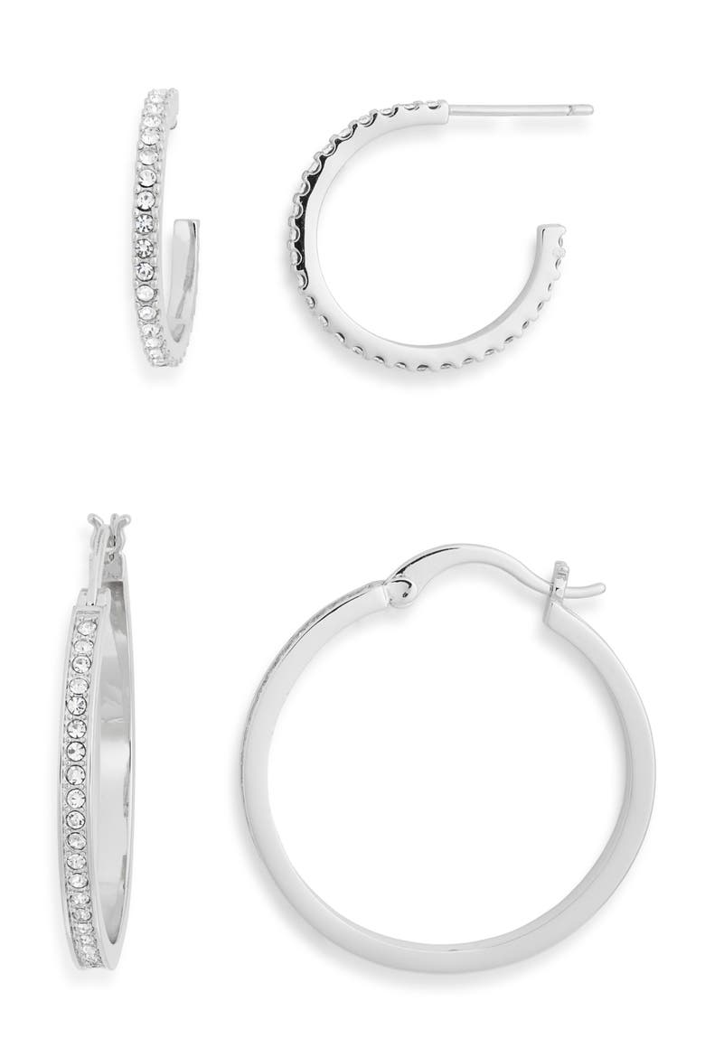 Set of 2 Cubic Zirconia Hoop Earrings, Alternate, color, CLEAR- SILVER