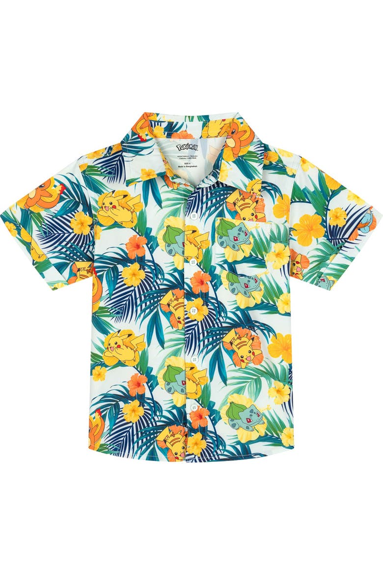 Swimwear 2-piece Camp Shirt And Swim Trunks Set (little Kid & Big Kid), Alternate, color, Pikachu Squirtle Green