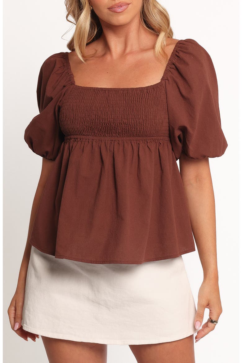 Jemima Puff Sleeve Smocked Cotton Babydoll Top, Main, color, CHOCOLATE