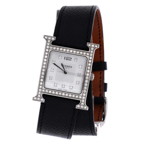 Heure H Quartz Watch Stainless Steel and Leather with Diamond Bezel and Markers and Mother of Pearl 26