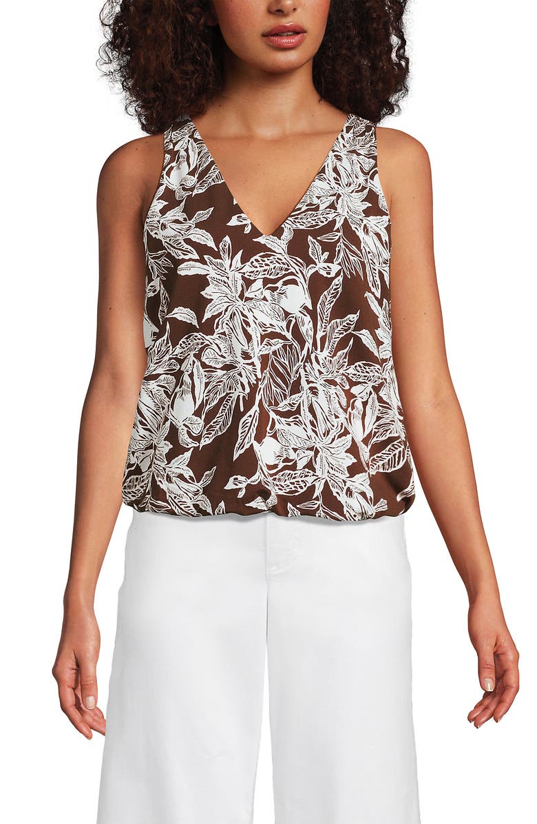 Lands' End Lightweight Jersey Blouson Vneck Tank, Alternate, color, Bark/Vanilla Etched Leaves
