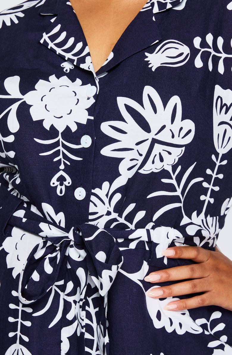 Estelle Belize Tie Waist Linen Blend Shirtdress, Alternate, color, Print