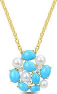DELMAR Cultured Pearl, Lab-Grown Turquoise & Lab-Grown White Sapphire Pendant Necklace