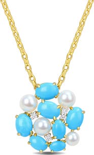 DELMAR Cultured Pearl, Lab-Grown Turquoise & Lab-Grown White Sapphire Pendant Necklace