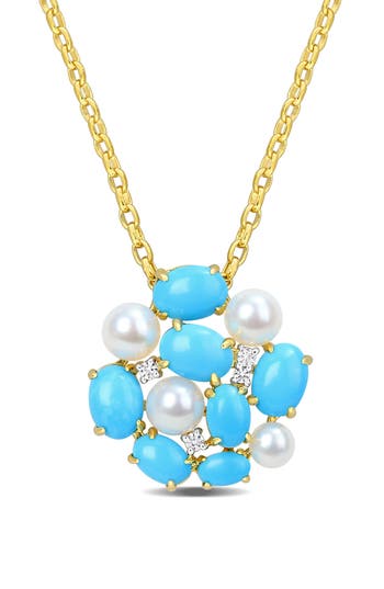Delmar Cultured Pearl, Lab-grown Turquoise & Lab-grown White Sapphire Pendant Necklace In Gray