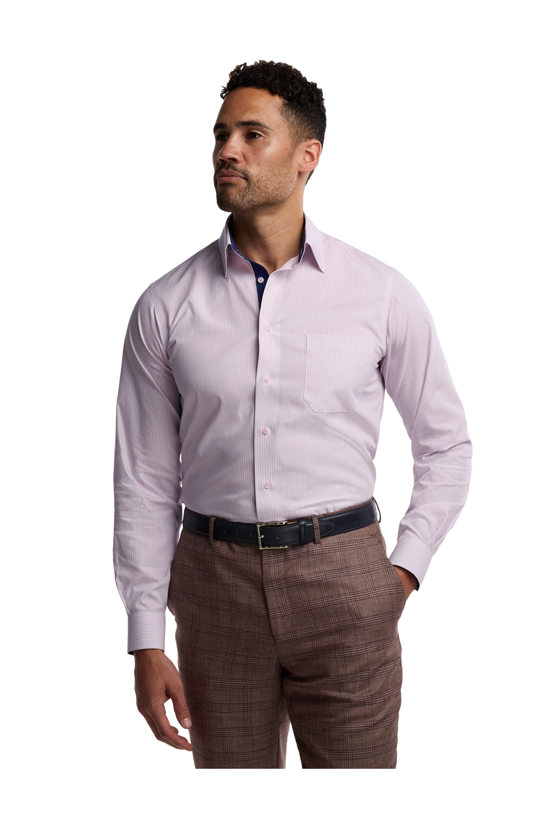 Cotton Point Collar Poplin Tailored Contrast Trim Button Cuff Long Sleeve, Alternate, color, Pink/Navy
