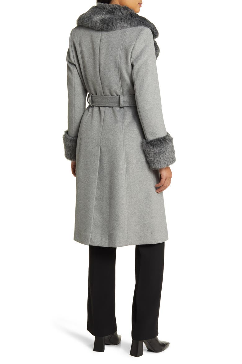 Wool Blend Belted Coat with Faux Fur Trim, Alternate, color, HEATHER GREY