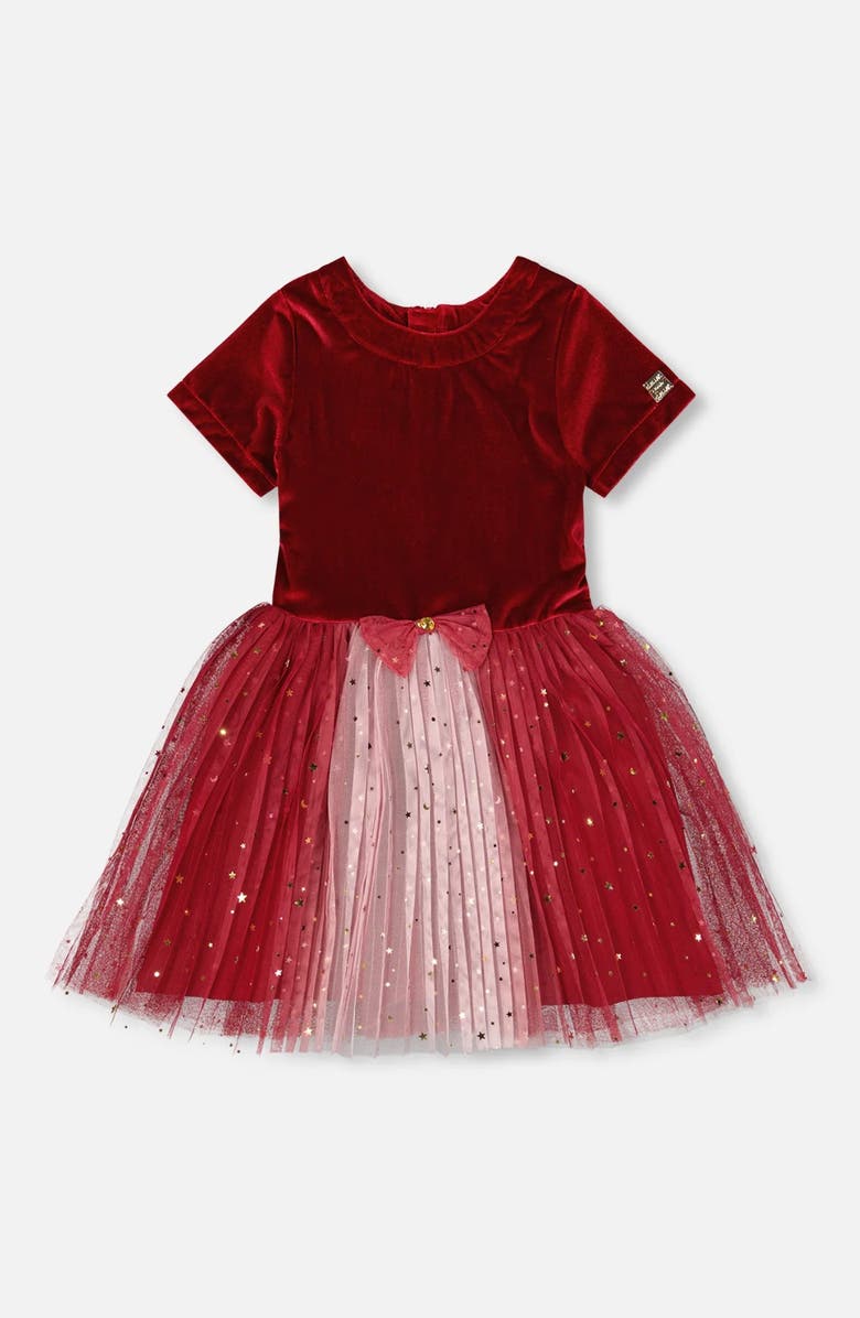 Deux par Deux Bi-Material Short Sleeve Party Dress, Main, color, Red