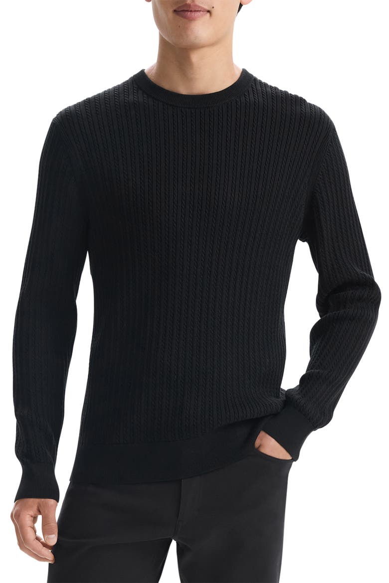 Riland Cabled Cotton Crewneck Sweater, Main, color, BLACK