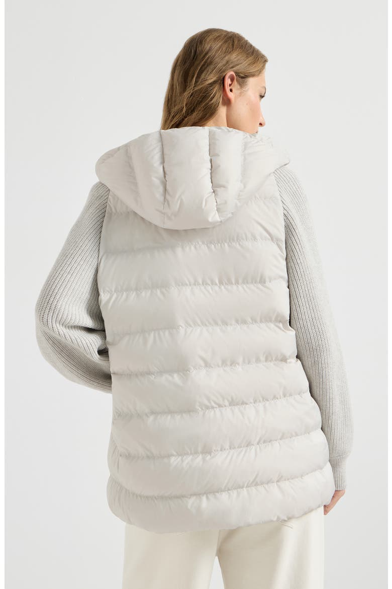Water-resistant matte nylon hooded down jacket with virgin wool, cashmere and silk knit sleeves and shiny zipper pull, Alternate, color, Light Grey