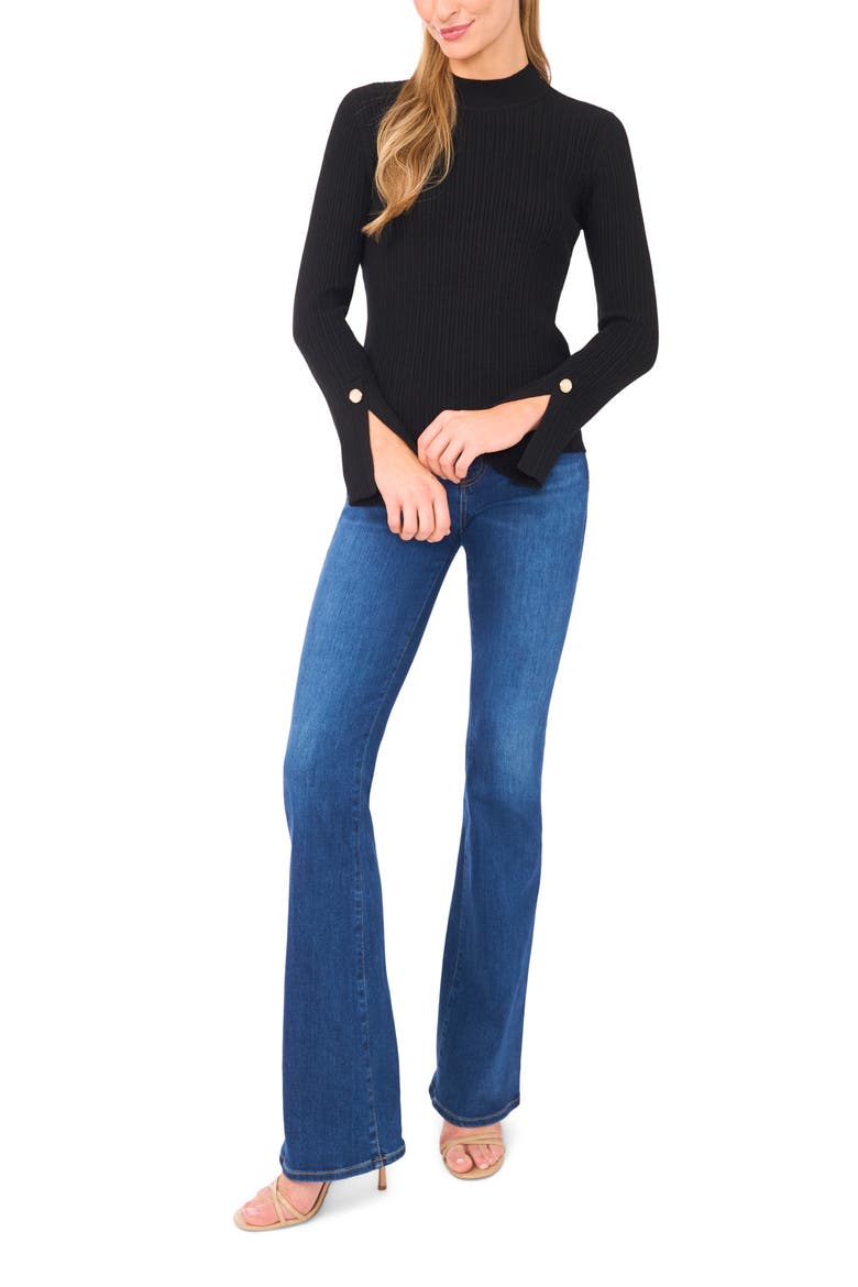 Mock Neck Split Cuff Ribbed Sweater, Alternate, color, RICH BLACK