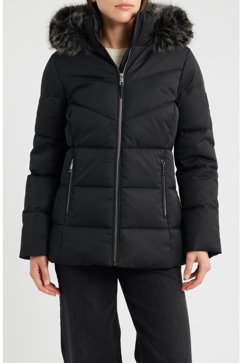 Faux Fur Trim Puffer Jacket, Main, color, BLACK