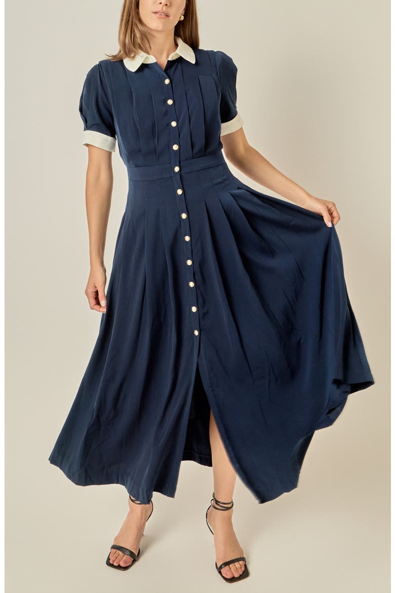 Short Sleeve Pleated Midi Shirtdress, Alternate, color, NAVY/ WHITE