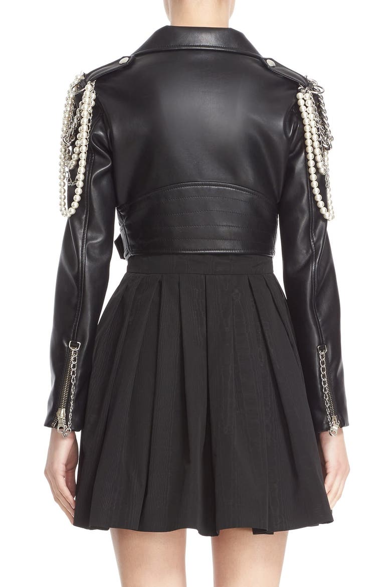 Chain & Imitation Pearl Embellished Faux Leather Jacket, Alternate, color, BLACK