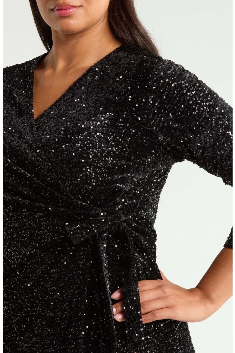 Sequin Faux Wrap Dress, Alternate, color, ANNE BLACK