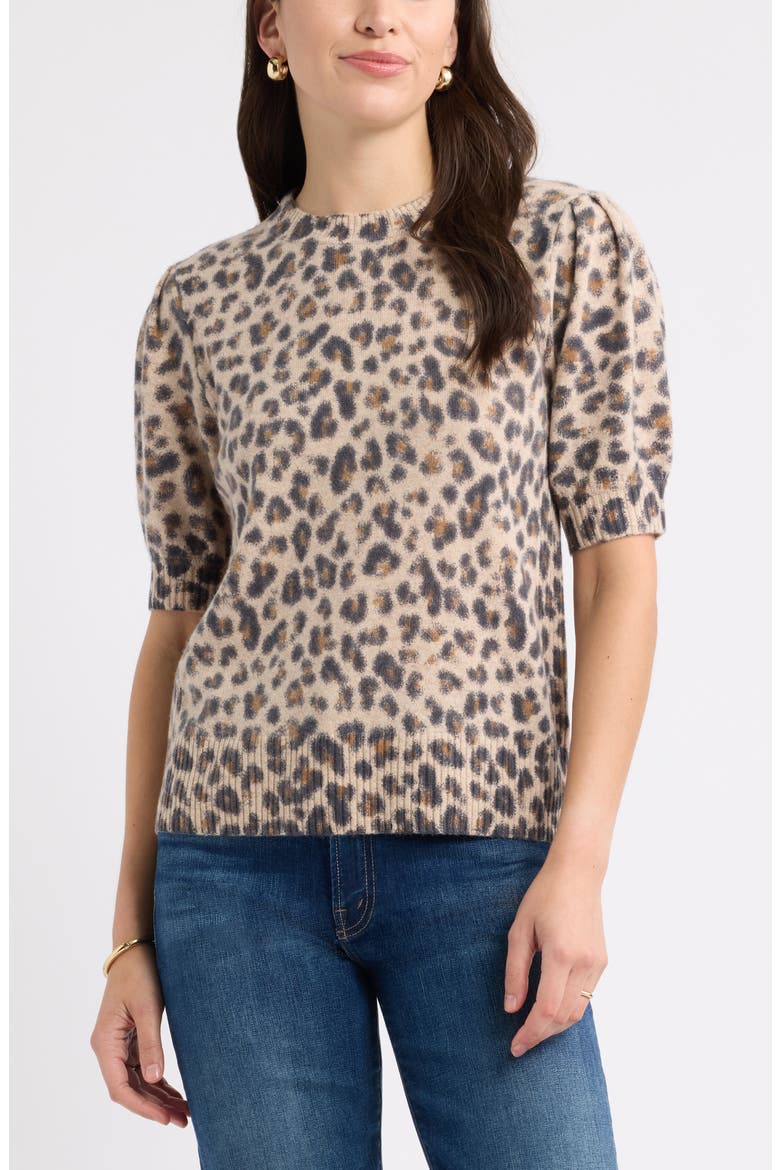 Puff Sleeve Crewneck Sweater, Main, color, TAN- BLACK BEA LEOPARD