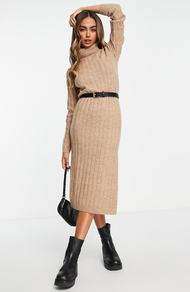 ASOS DESIGN Belted Long Sleeve Turtleneck Midi Sweater Dress, Main, color, 
