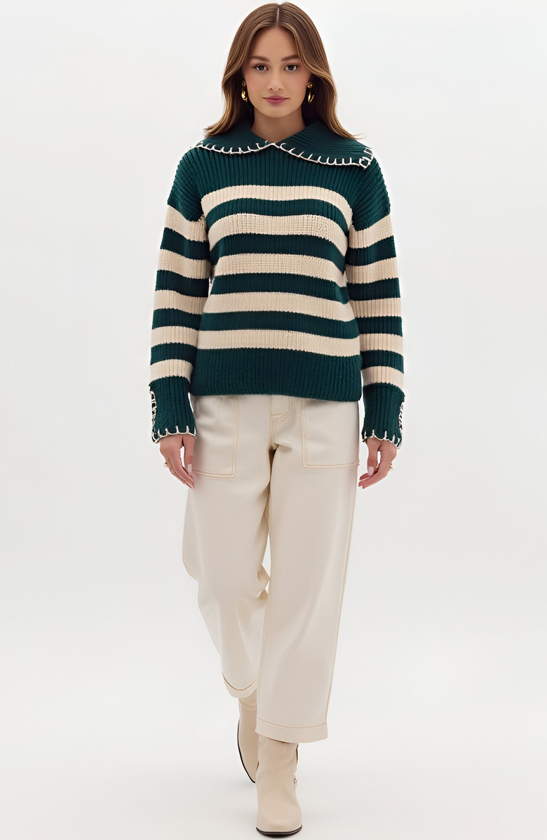 Modenaire Striped Knit Contrast Stitch Collar and Cuffs Sweater, Alternate, color,
