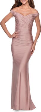 La Femme Off the Shoulder Prom Dress with Sweetheart Neckline