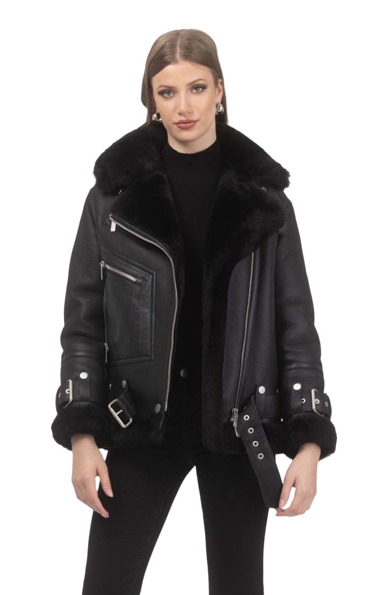 GORSKI Shearling Lamb Moto Zip Jacket, Alternate, color, Black