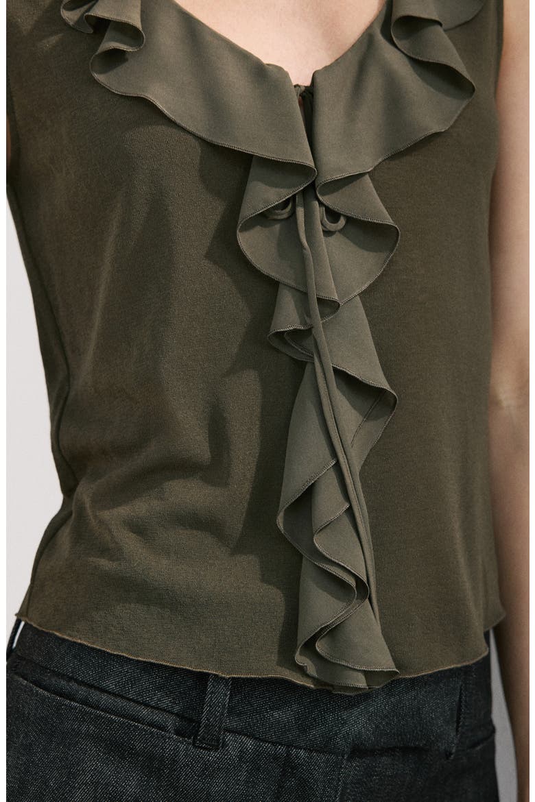 Ruffle Detail V-Neck Top, Alternate, color, KHAKI GREEN