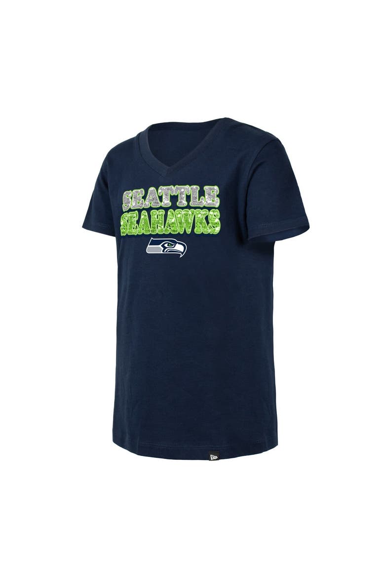 Girls Youth New Era College Navy Seattle Seahawks Reverse Sequin V-Neck T-Shirt, Alternate, color, Navy