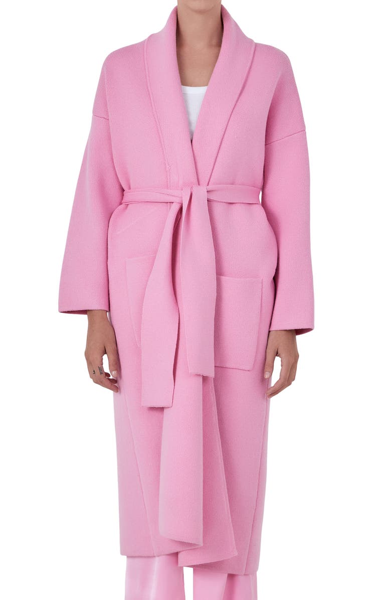 Endless Rose Longline Tie Belt Cardigan, Alternate, color, Pink