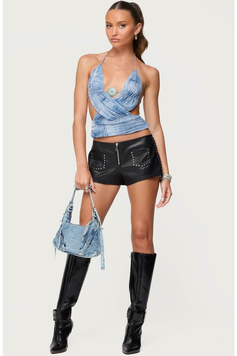 Printed Open Back Halter Top, Alternate, color, BLUE