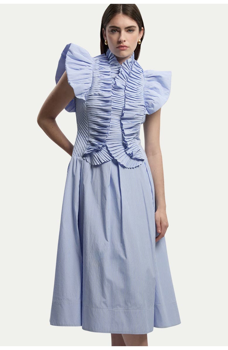 Karen Millen High Neck Pleated Ruffle Midi Dress, Main, color, Stripe