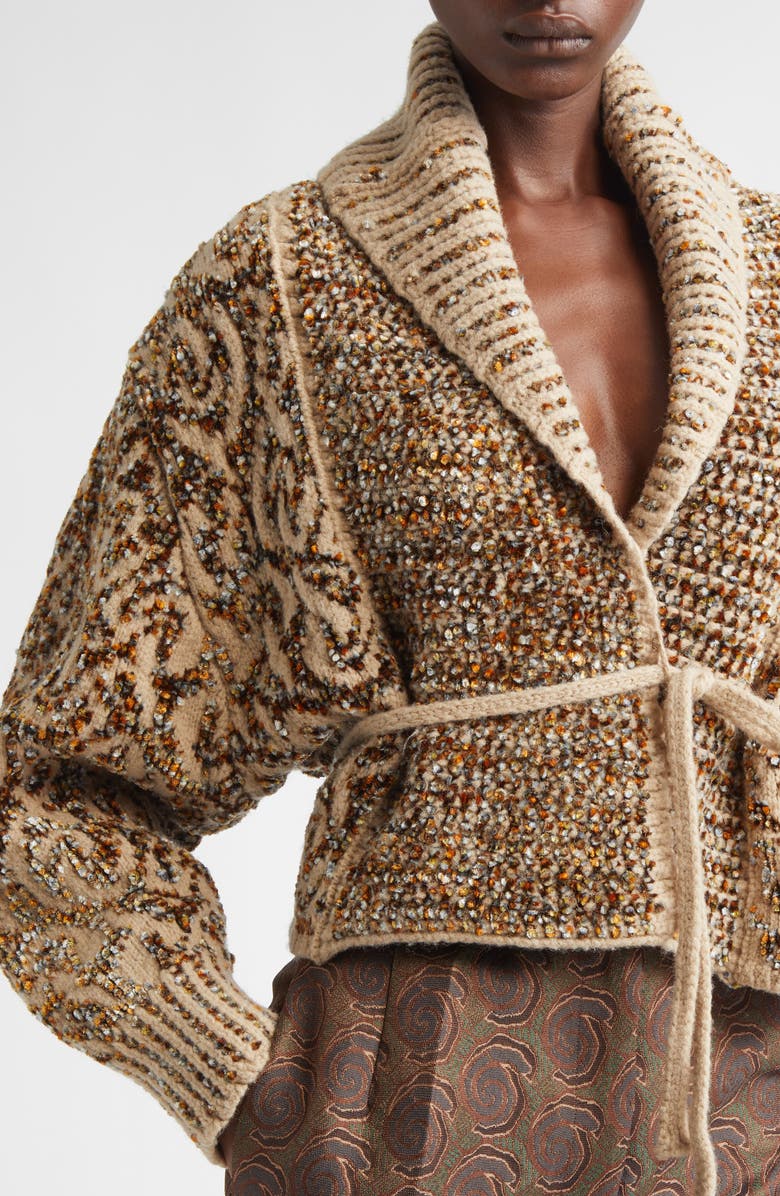 Dries Van Noten Tekla Jacquard Wool Blend Wrap Cardigan, Alternate, color, Beige