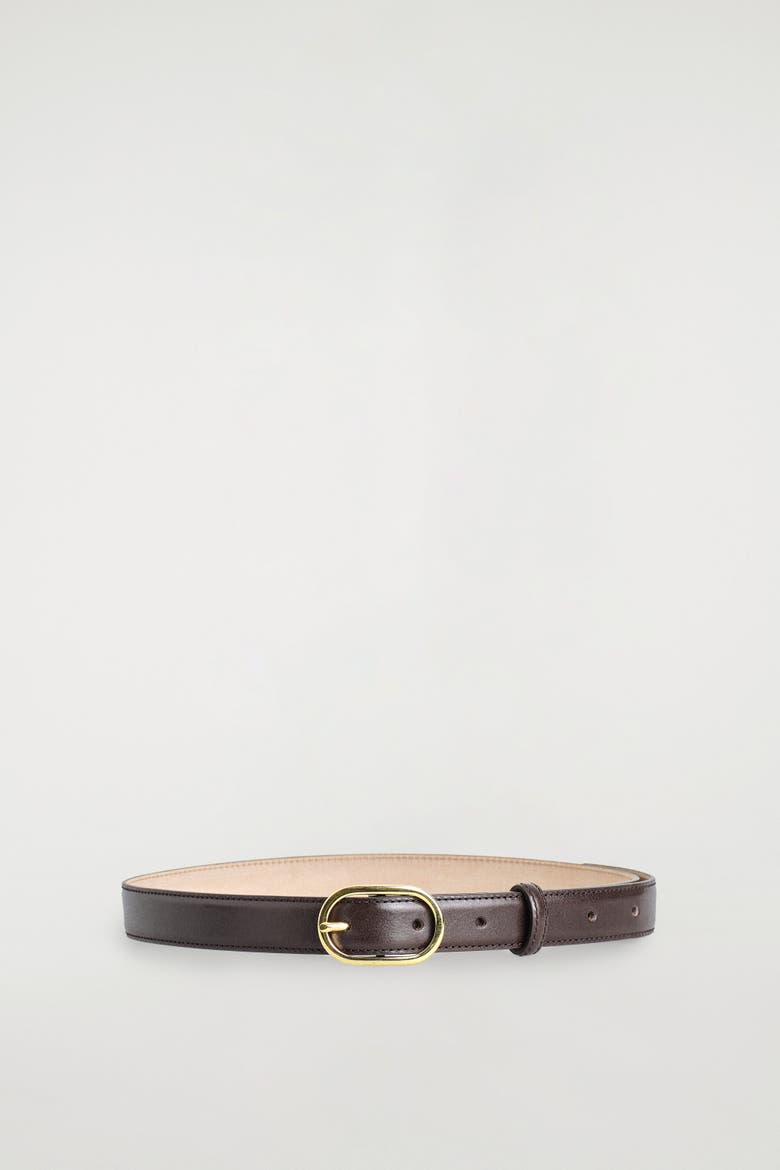 Oval-buckle Leather Belt, Alternate, color, BROWN / GOLD