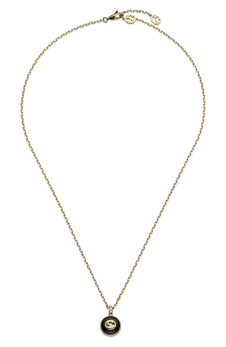Gucci Interlocking-G Black Onyx Pendant Necklace, Main, color, Yellow Gold