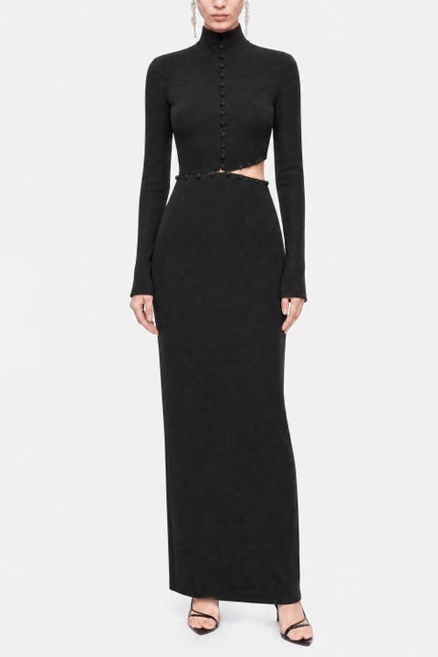 Button Detail Stand Collar Maxi Dress