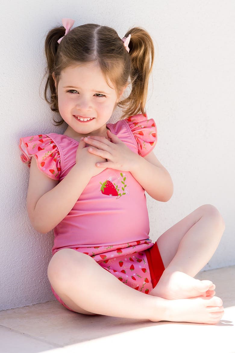 Happy Nappy Swimsuit with Reusable Swim Diaper, Alternate, color, Strawberry Field Frills