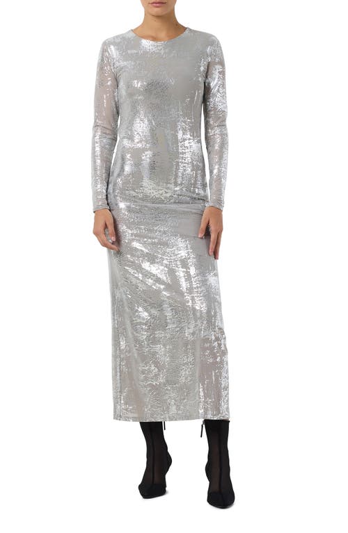 Noisy may Lucia Metallic Long Sleeve Mesh Body-Con Dress in Ghost Gray Silver 