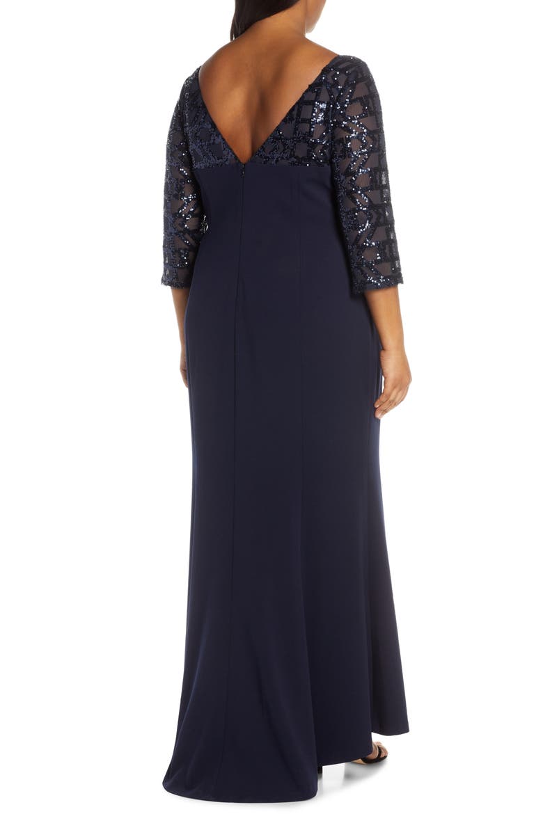 Sequin Crepe Trumpet Gown, Alternate, color, NAVY