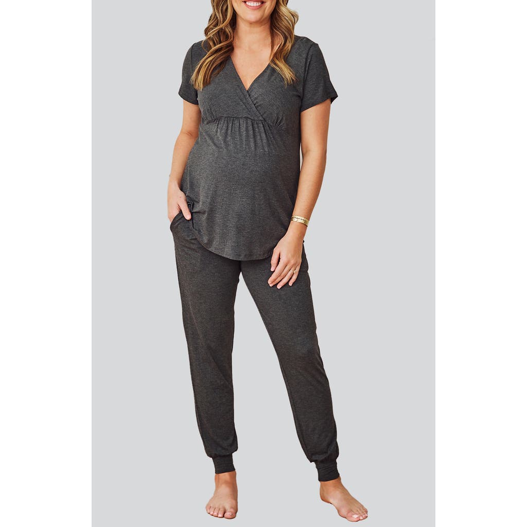 Angel Maternity Surplice V-Neck Maternity/Nursing Pajamas in Charcoal