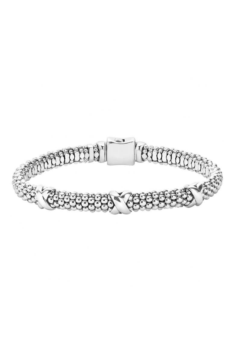 Three-Station X Caviar Bracelet, Main, color, STERLING SILVER