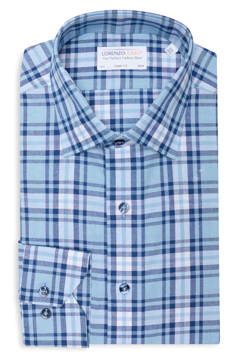 Trim Fit Plaid Cotton Dress Shirt, Alternate, color, NAVY/ LIGHT BLUE