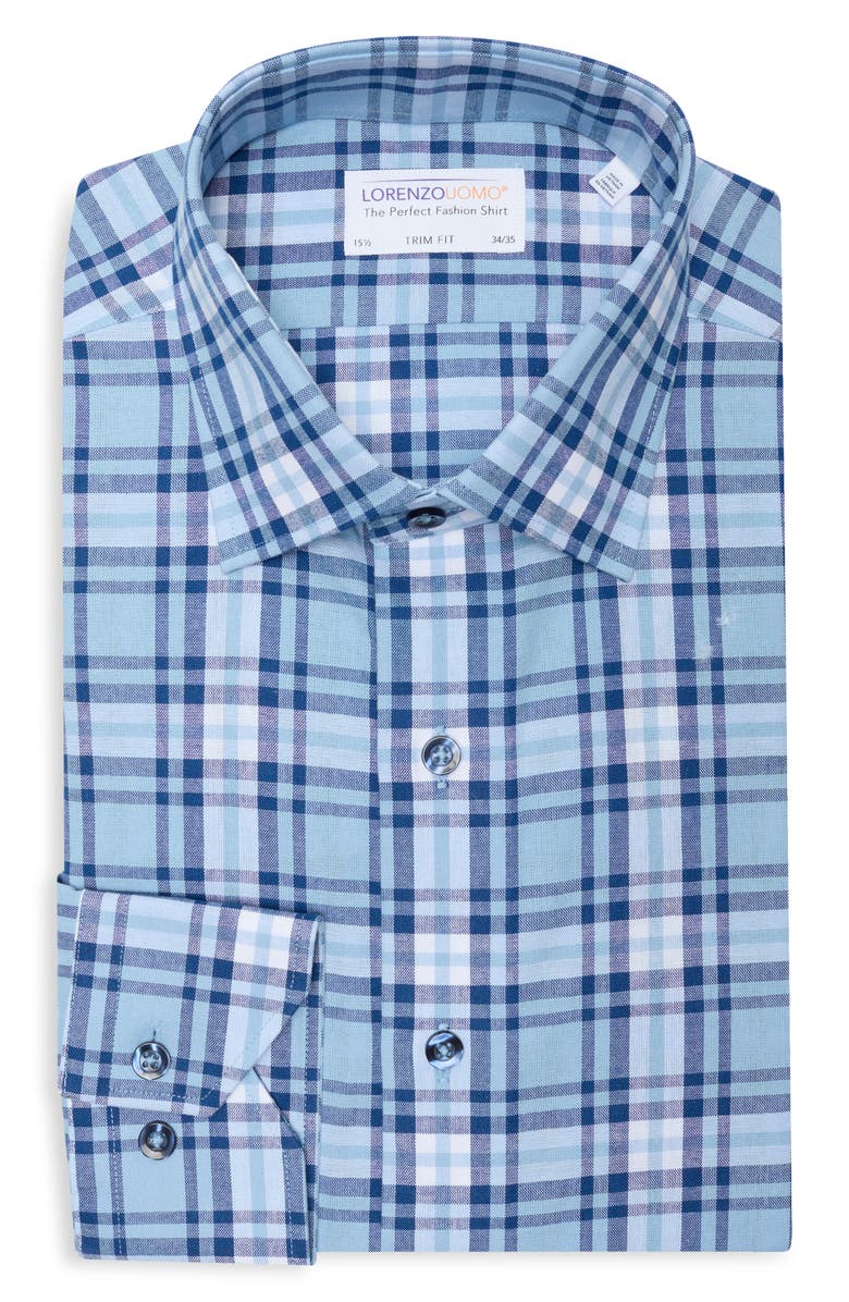 Lorenzo Uomo Trim Fit Plaid Cotton Dress Shirt, Main, color, Navy/ Light Blue