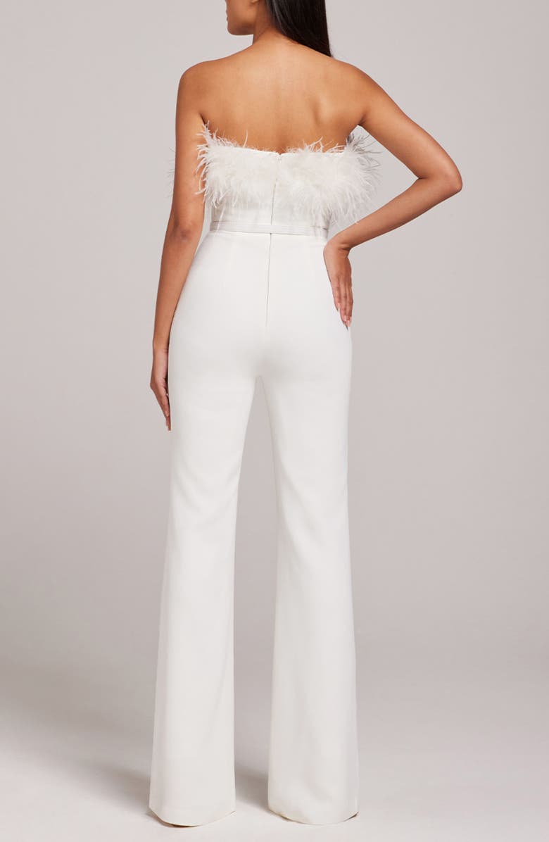 NADINE MERABI Colette Ostrich Feather Trim Belted Strapless Jumpsuit, Alternate, color, 