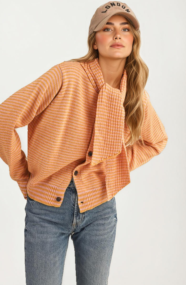 Knit and Lounge Striped Knit Button Tie-Neck Scarf Cardigan, Alternate, color, Orange / Pink Stripes