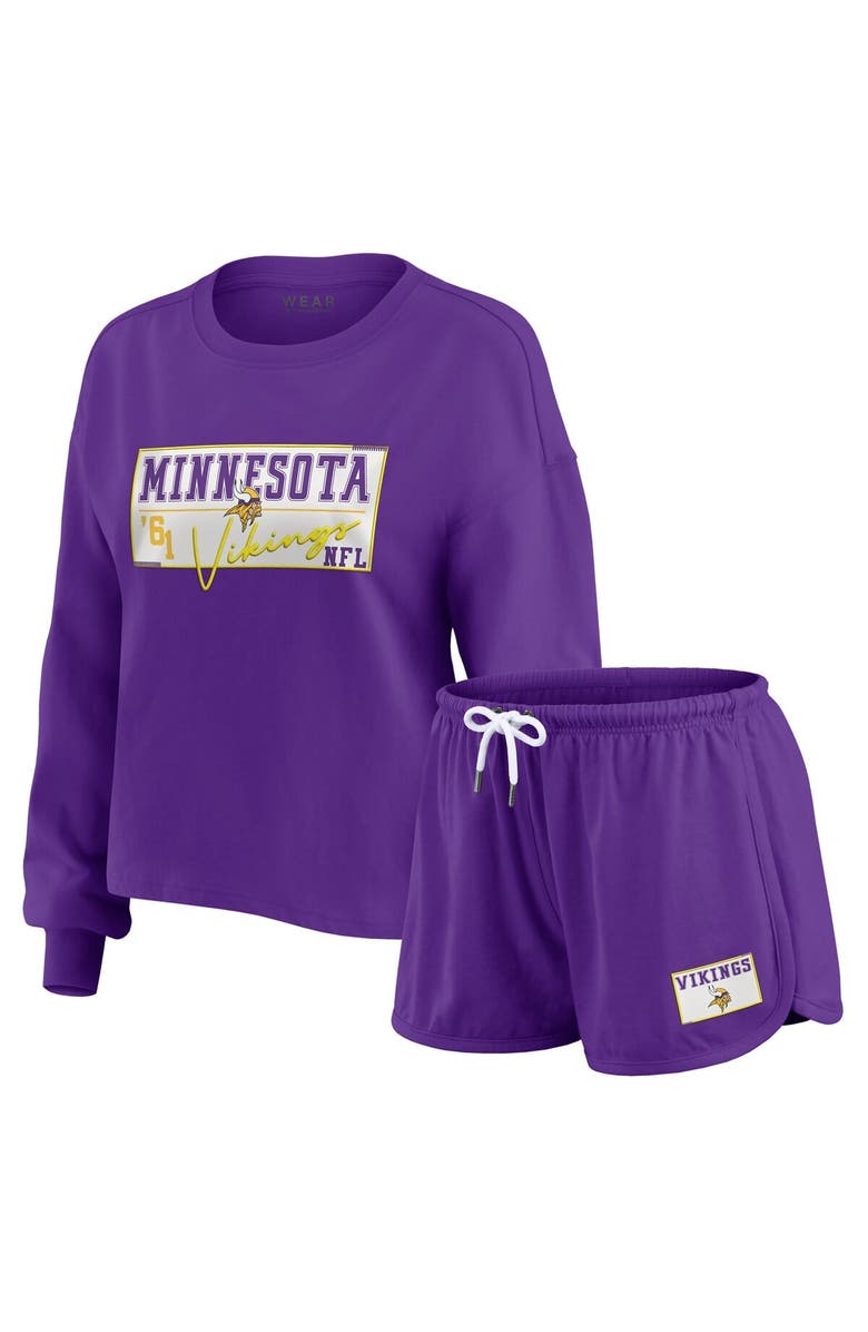 WEAR by Erin Andrews Women's WEAR by Erin Andrews Purple Minnesota Vikings Heavy Rugby Jersey Long Sleeve T-Shirt & Shorts Lounge Set, Main, color,