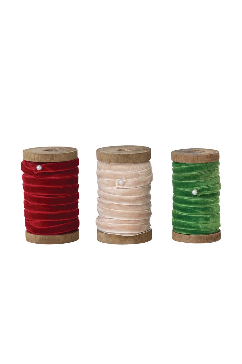 Olive Grove 3-Piece Velvet Ribbon on Mango Wood Spool Set, Red, Beige ...