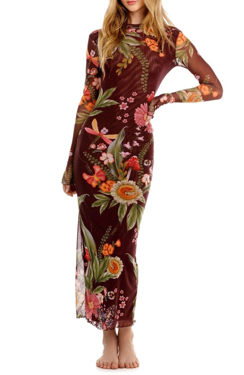 Agua Bendita Robin Mbar Long Sleeve Mesh Cover-Up Dress, Main, color, Red