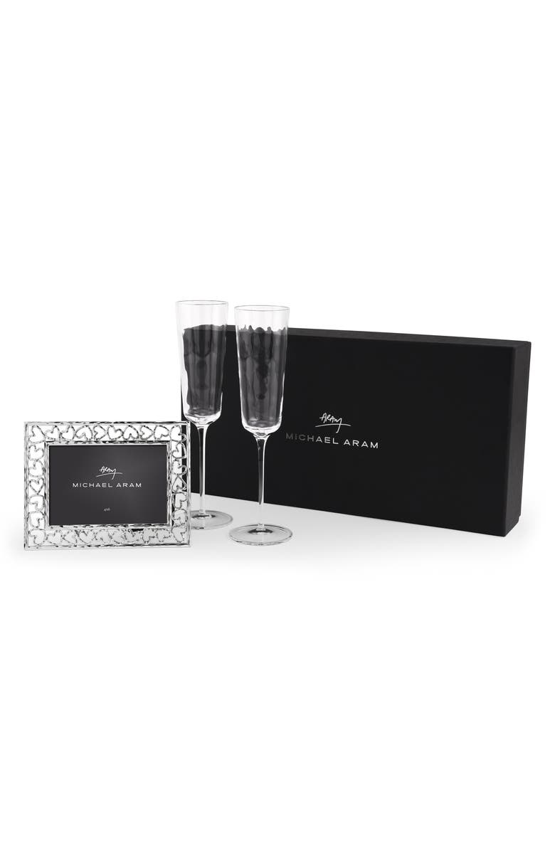 Michael Aram Reflective Set of 2 Champagne Flutes & Heart Frame Gift Set, Main, color, Clear