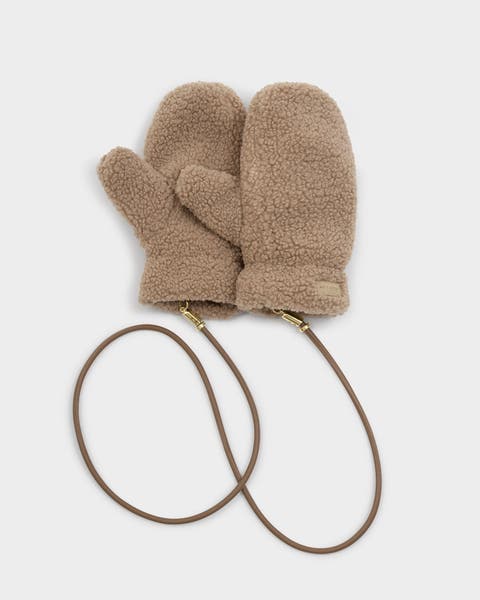 Teddy Mittens with Cord in Tan