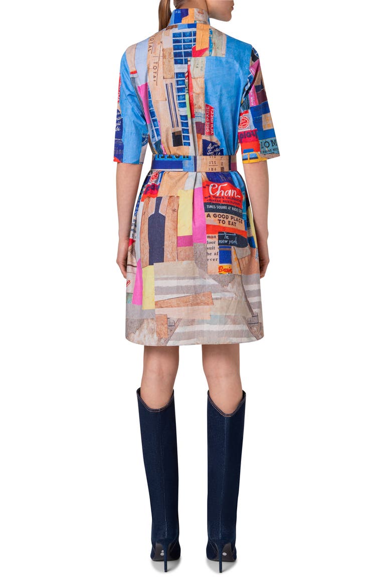 NYC Paper Collage Print Belted Cotton Poplin Shirtdress, Alternate, color, BLUE MULTI